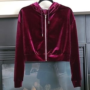 Bluenote Burgundy Velvet Cropped Zipper Hoodie, Size S